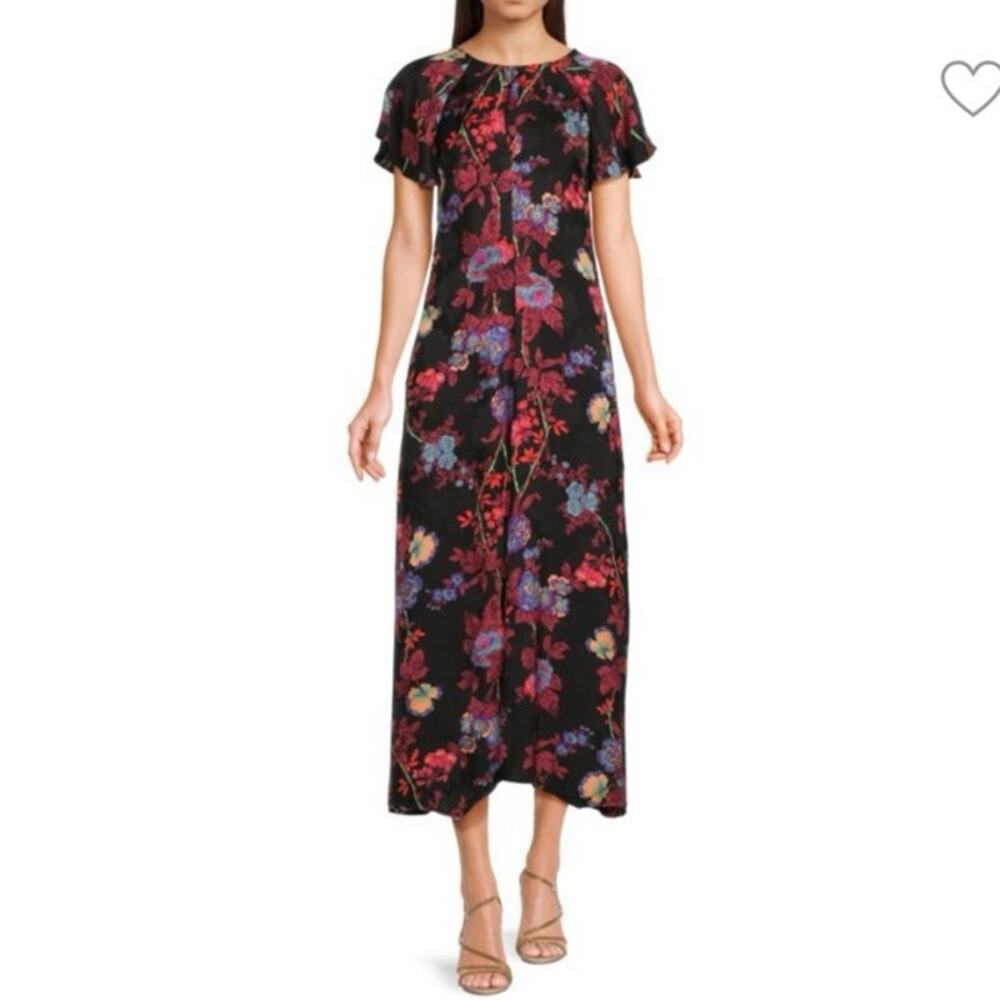 Reiss Leni black floral midi dress wedding feminine flutter sleeve formal